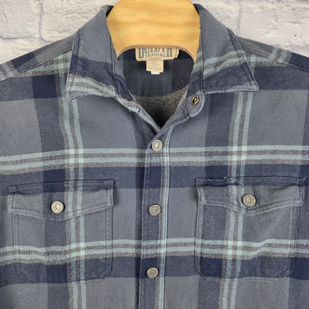 Duluth Trading Co Mens Fleece Lined‎ Flannel Shirt Jacket Blue Grey Plaid Large